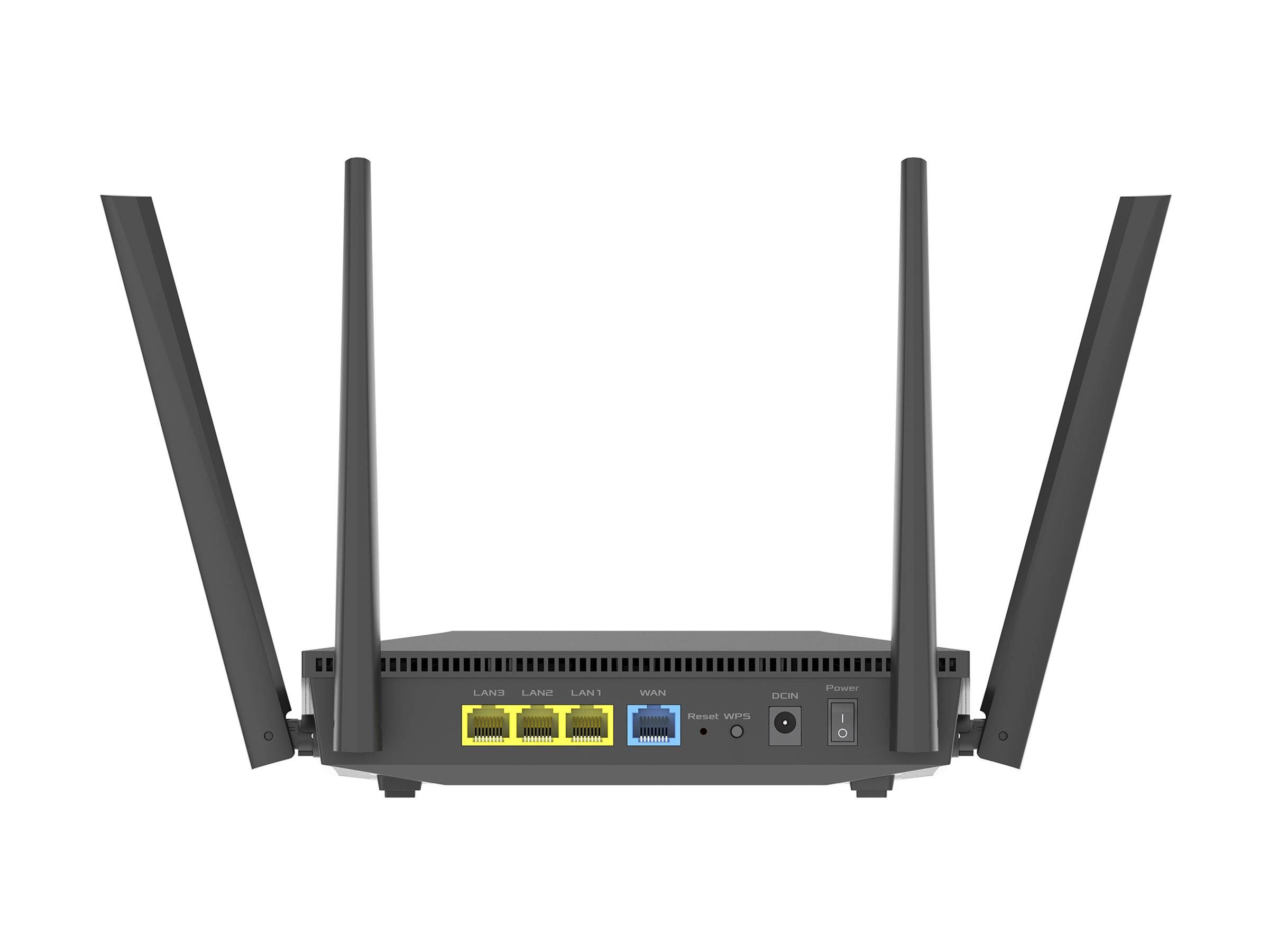 Hinteransicht eines Wi-Fi-Routers mit vier Antennen und Anschlüssen für LAN, WAN, Stromversorgung und Zurücksetzen auf weißem Hintergrund