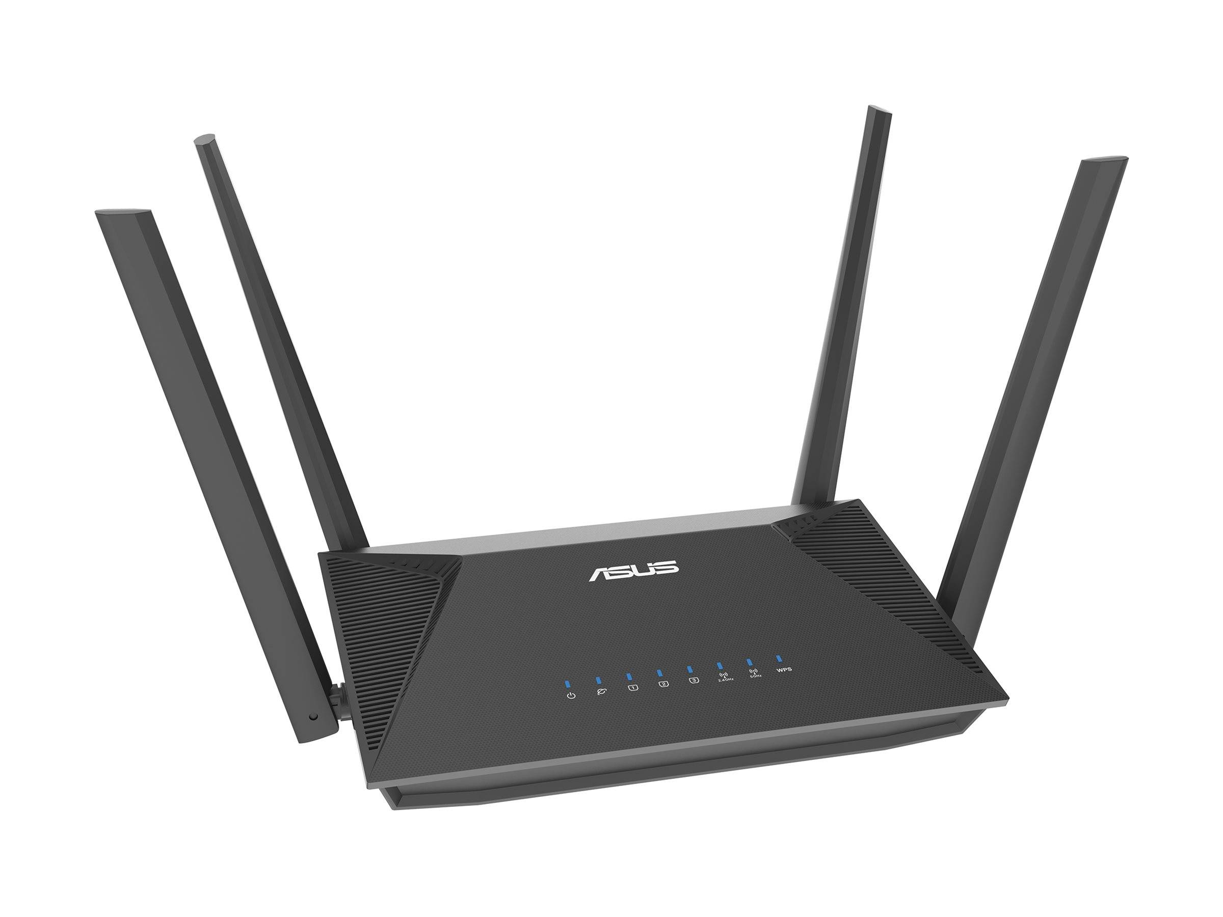 Schwarzer ASUS-WLAN-Router mit vier aufrechten Antennen und vorderen Statusleuchten auf weißem Hintergrund.