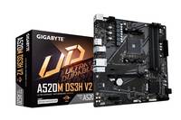 Gigabyte A520M DS3H V2 Mainboard neben seiner Retail-Verpackung auf weißem Hintergrund abgebildet.
