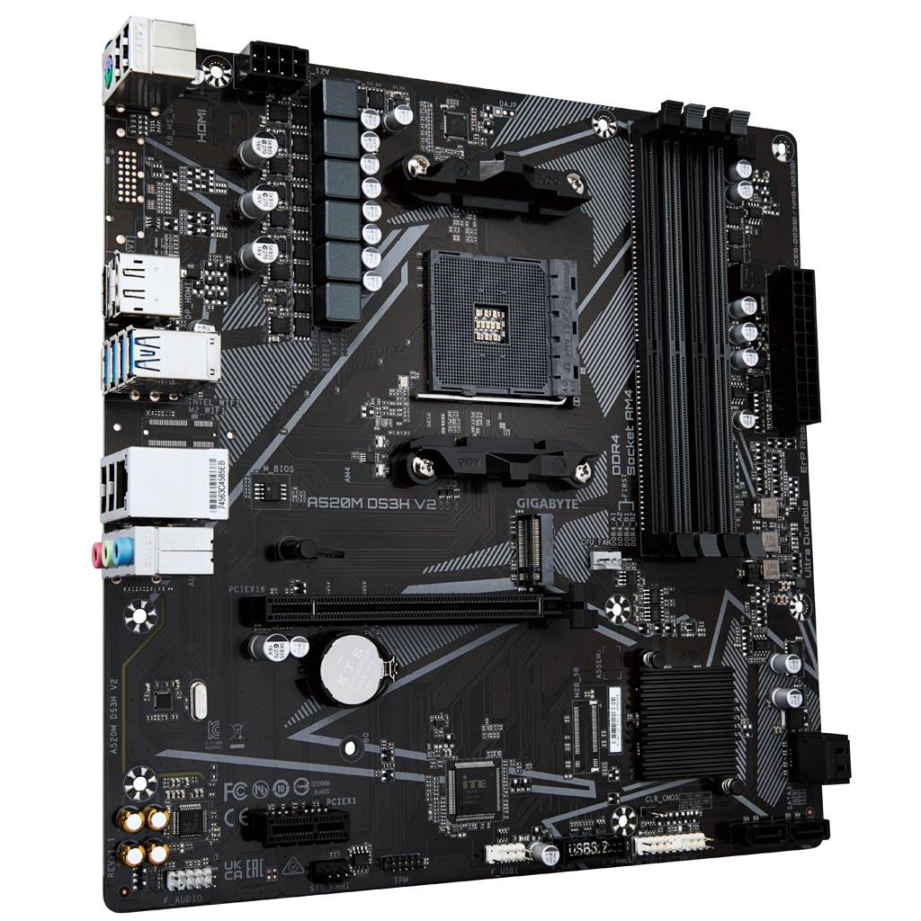 Gigabyte A520M DS3H V2 Computer-Motherboard auf weißem Hintergrund dargestellt, mit sichtbarem CPU-Sockel, RAM-Steckplätzen, Erweiterungssteckplätzen und rückseitigen Anschlüssen.