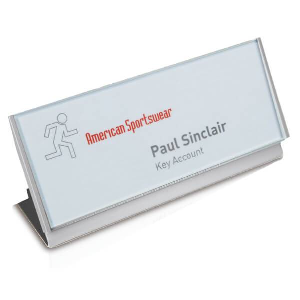 Tischaufsteller FRAME, Aluminium, 3 mm ESG, inkl. Schild (15,0 x 6,0 x 0,7 cm)