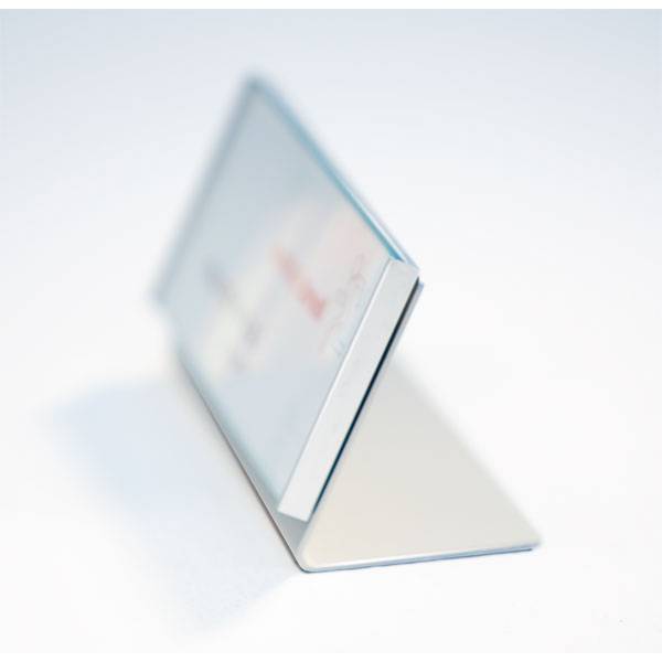 Tischaufsteller FRAME, Aluminium, 3 mm ESG, inkl. Schild (15,0 x 6,0 x 0,7 cm)