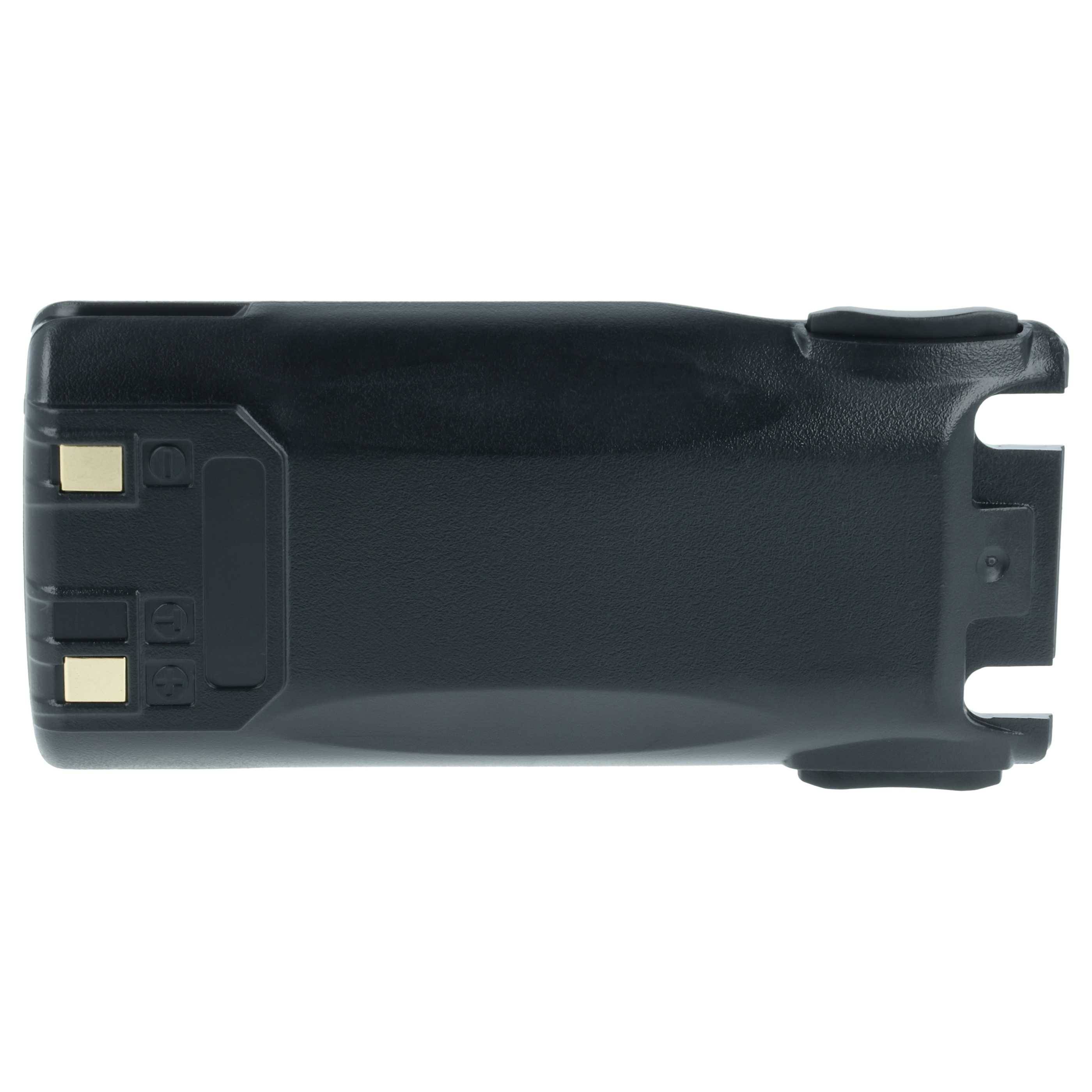 Ein schwarzes Funkgerät-Batteriepaket mit zwei Metallkontakten und drei Symbolgravuren an einem Ende, entwickelt für Kommunikationsgeräte.