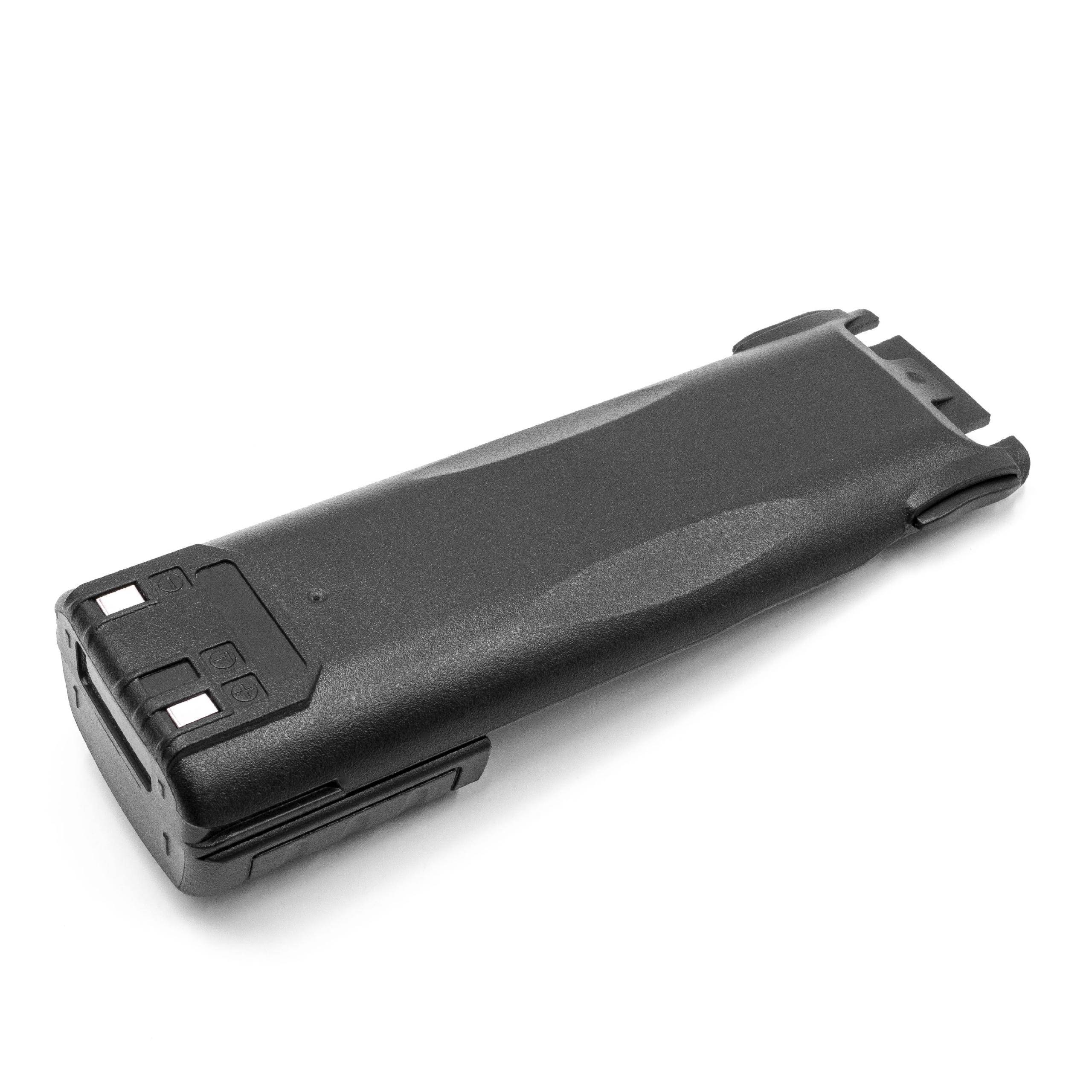 Ein schlankes, schwarzes Kamera-Akku-Pack mit sichtbaren Ladekontakten, entwickelt für eine bestimmte Modellreihe, vor einem weißen Hintergrund gezeigt.