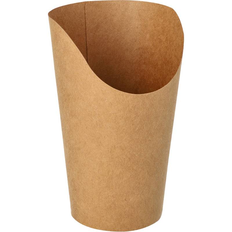 Braune Papiertasse mit einer breiten, geschwungenen Öffnung. Geeignet zum Halten von Snacks oder kleinen Gegenständen.