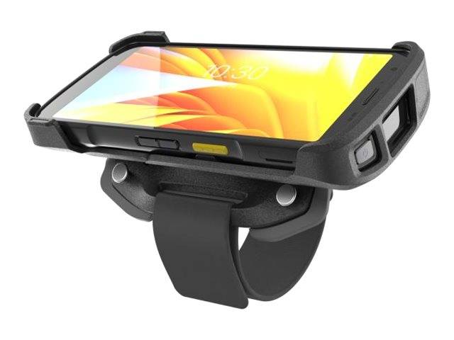 Robustes schwarzes Smartphone in einer Handgelenkhalterung/Halter montiert, mit leuchtend gelbem bis orangefarbenem Sperrbildschirm.