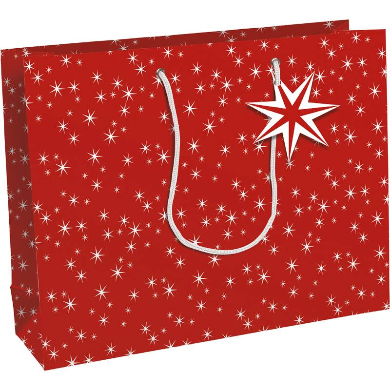 Rote Geschenktasche mit weißem Sternenmuster und gedrehten Seilgriffen, in schräger Ansicht auf weißem Hintergrund.