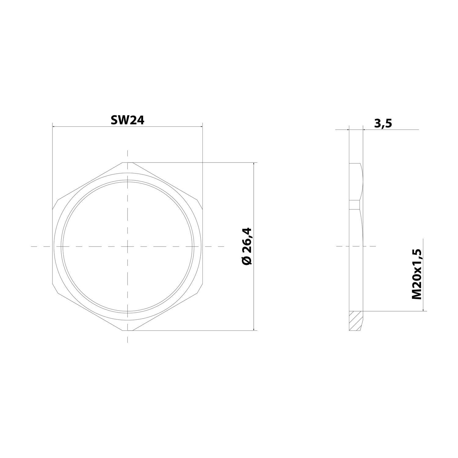 Technische Zeichnung eines zylindrischen Objekts mit Maßen: Durchmesser 26,4 mm, Tiefe 3,5 mm, sechskantiger Kopf SW24, Gewinde M20x1,5.