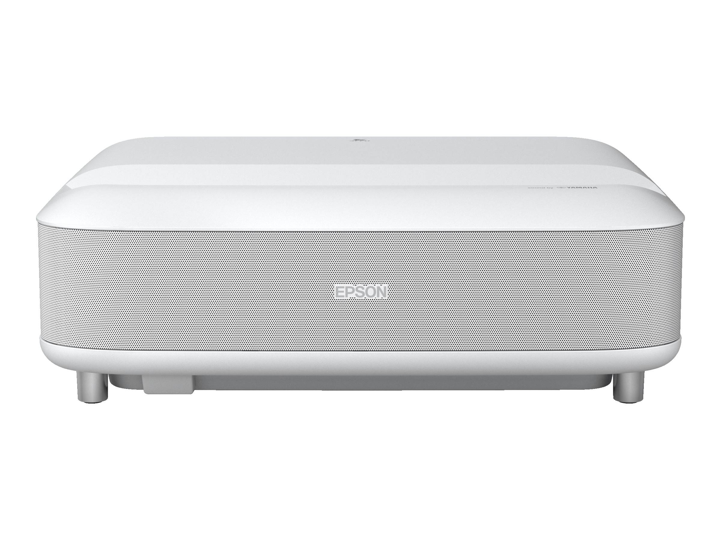 Weißer Epson-Projektor auf sauberem weißem Hintergrund, von vorne gezeigt