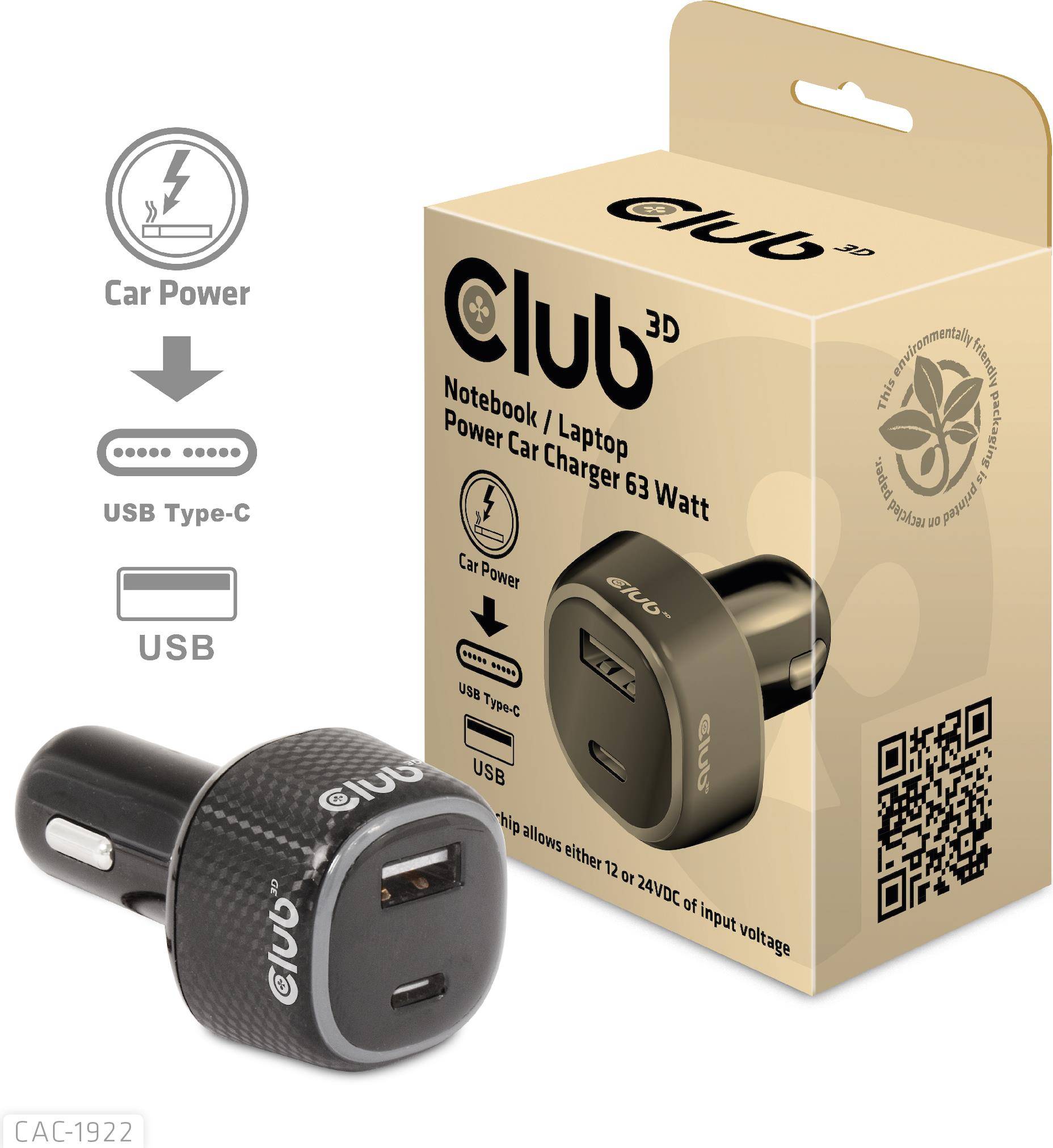 Club 3D USB KFZ-Ladegerät 1xUSB C A 63W 12/24V retail - Schwarz