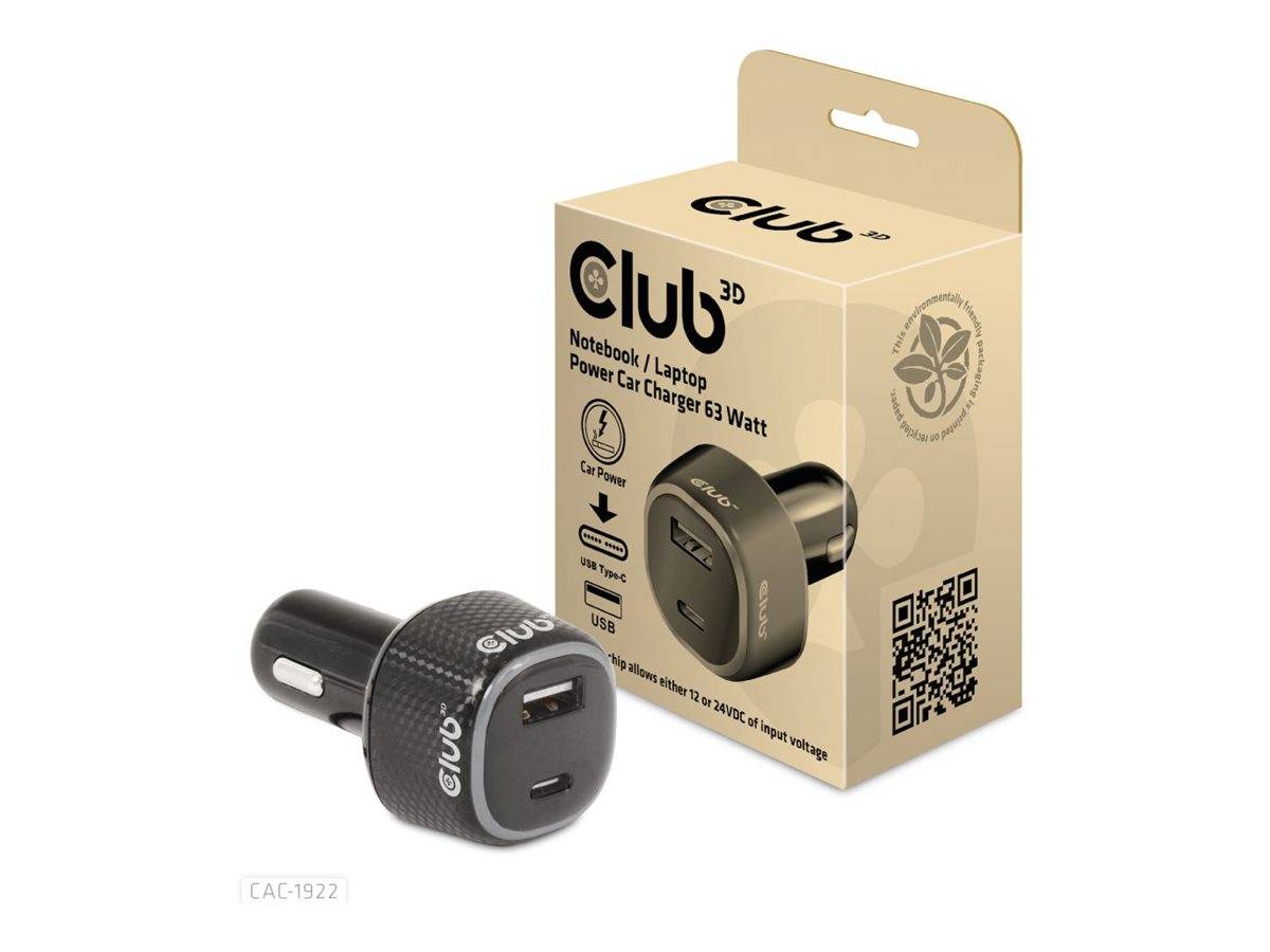 Club 3D 63W Notebook-/Laptop-Autoladegerät mit zwei USB-Anschlüssen, gezeigt mit Einzelhandelkarton und Stecker-Adapter.