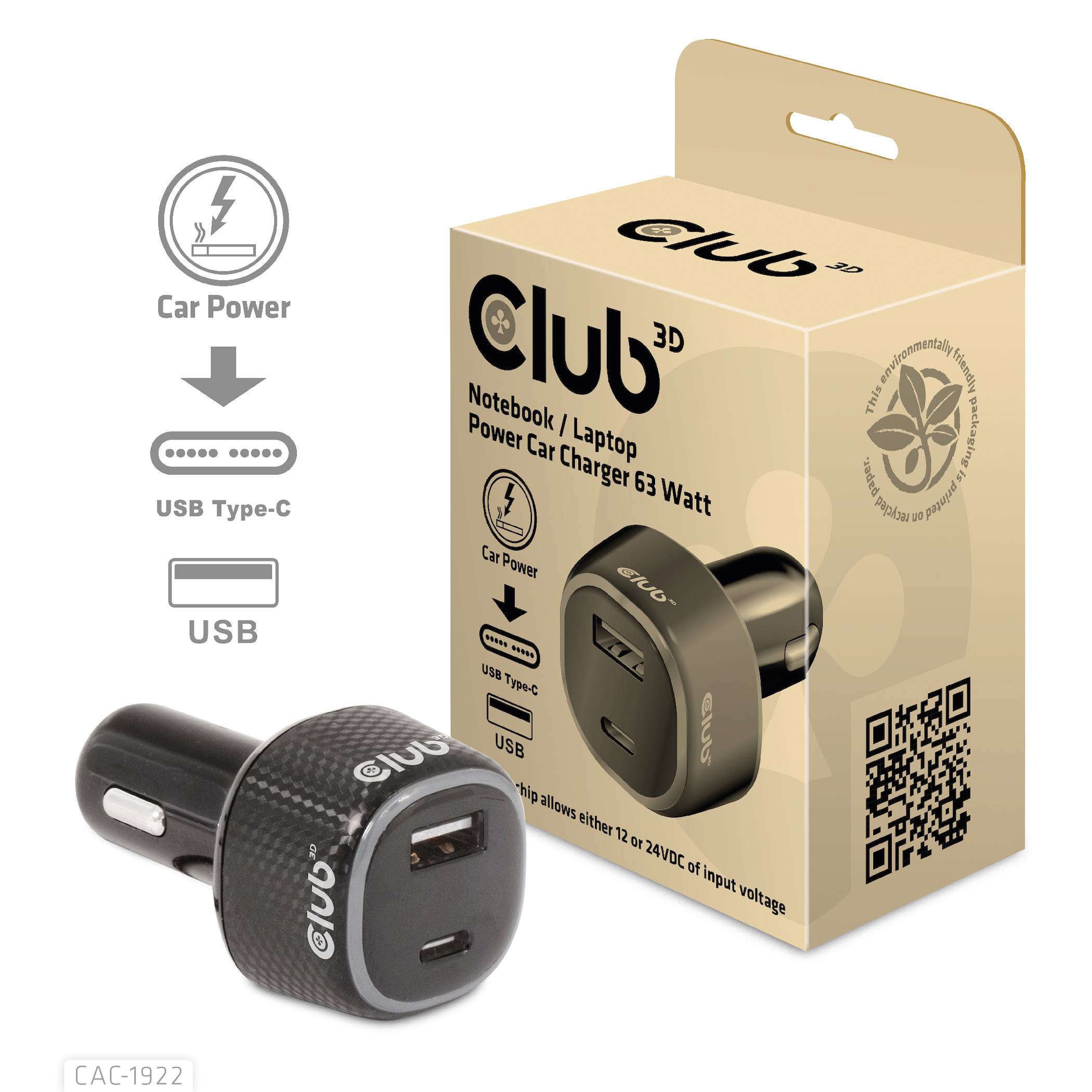 Club 3D Notebook/Laptop-Autoladegerät, 63W USB-C- und USB-Adapter für 12-24V Fahrzeugstromversorgung, abgebildet mit Verpackung und Anschlüssen.