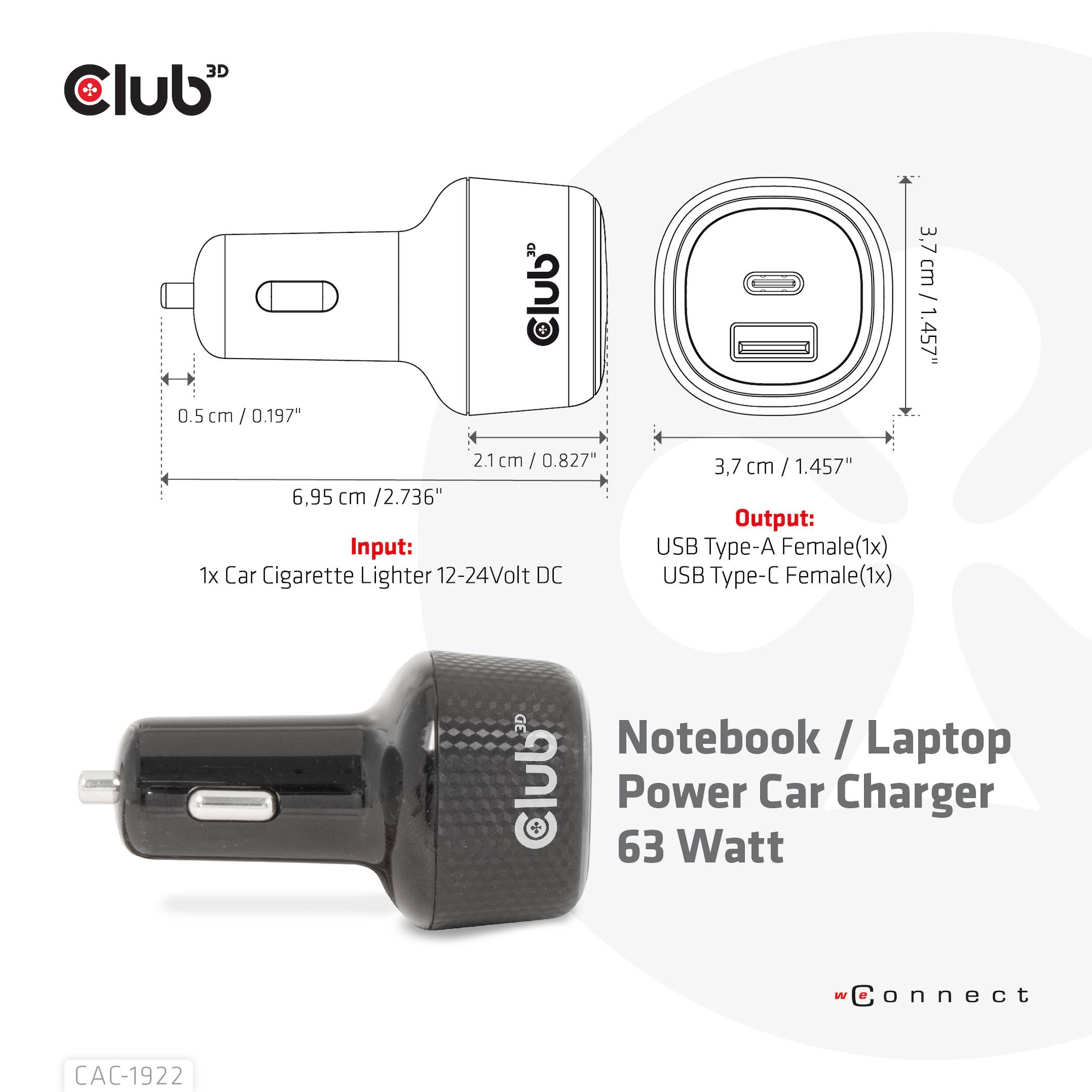 Produktdiagramm eines Club 3D 63W Notebook-/Laptop-Autoladegeräts mit Abmessungen, 12-24V DC Zigarettenanzünder-Eingang und USB-A-/USB-C-Buchsenausgängen.