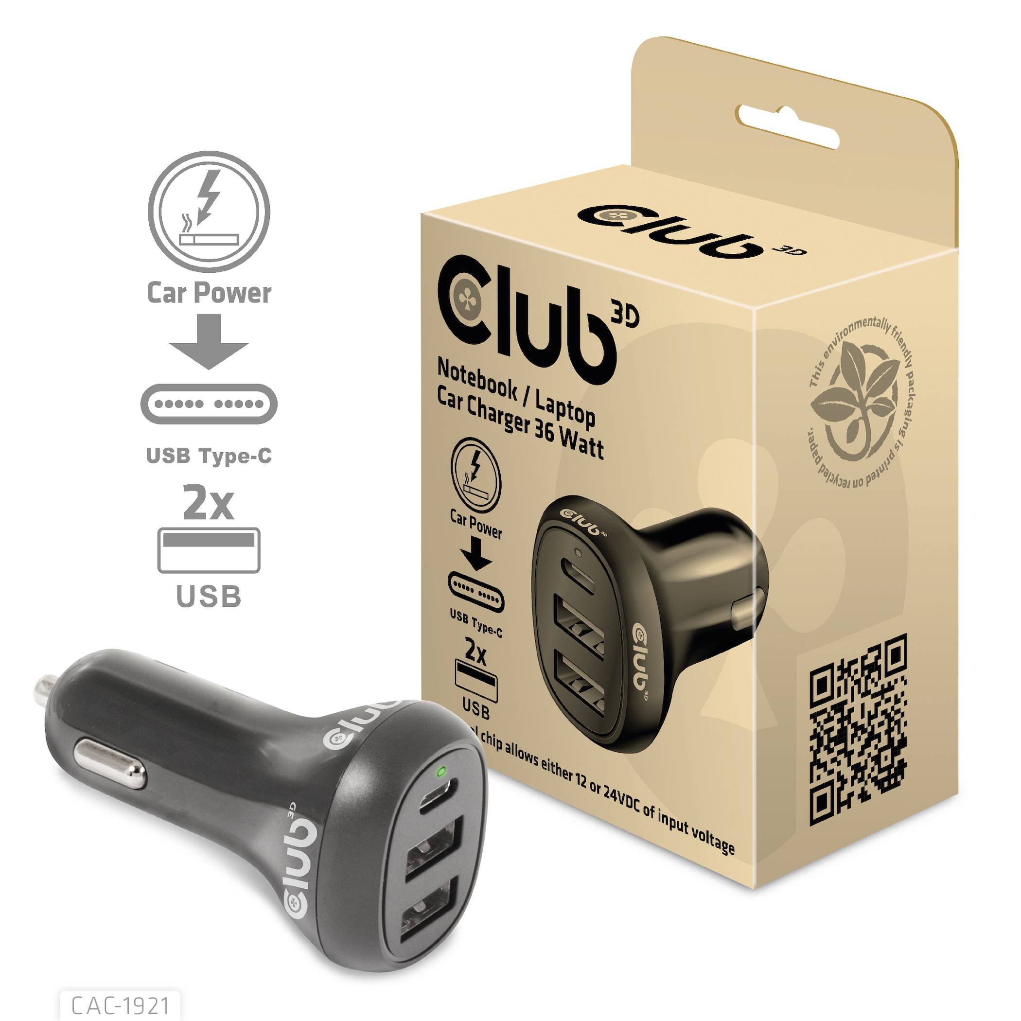 Club3D USB Autoladegerät 1xUSB C, 2xUSB A, 36W, 12 24V Einzelhandel