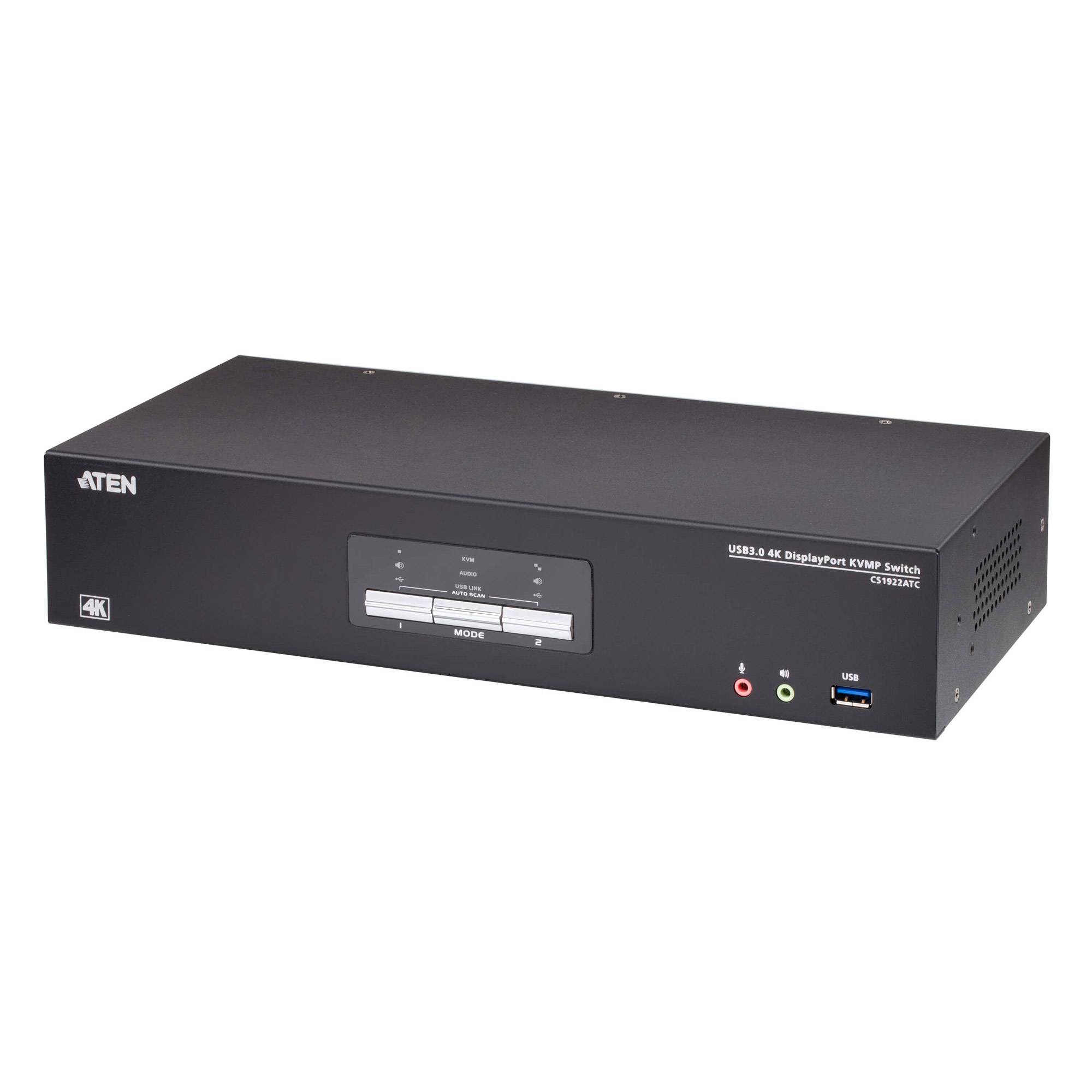 Schwarzer ATEN 4K USB 3.0 DisplayPort KVM-Schalter mit Frontstatuspanel, Steuertasten, Audiobuchsen und USB-Anschluss