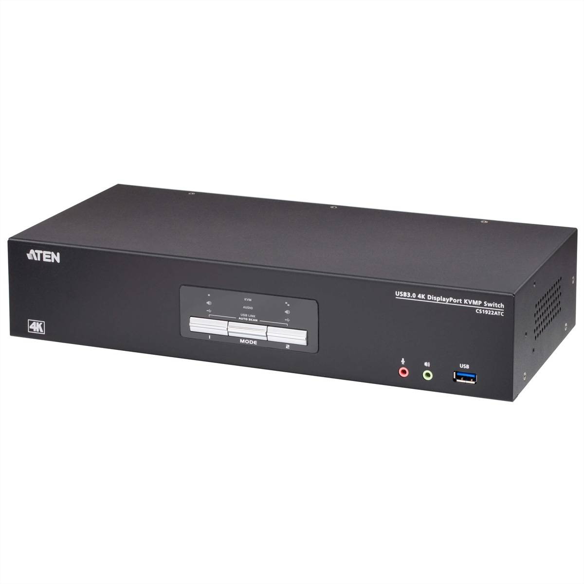 Schwarzer ATEN 4K DisplayPort KVM-Schalter mit Frontpaneltasten, USB-Anschluss und Audiobuchsen auf weißem Hintergrund.