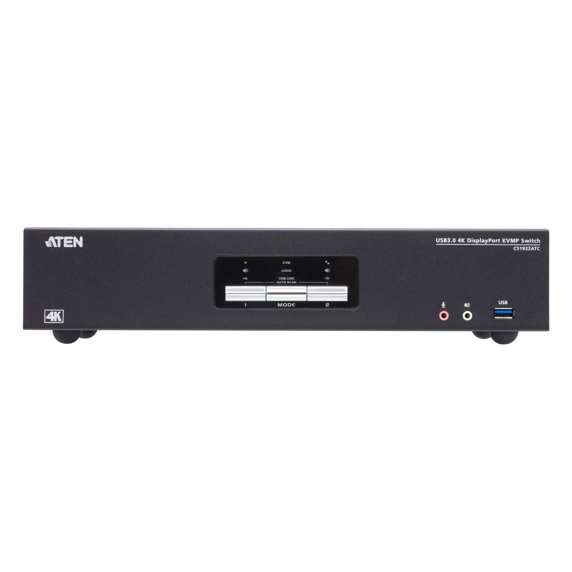 Vorderansicht eines ATEN 4K USB 3.0 4x4 DisplayPort KVM-Schalters mit zentralem Modus-Display, zwei Audio-Buchsen und einem USB-Anschluss.