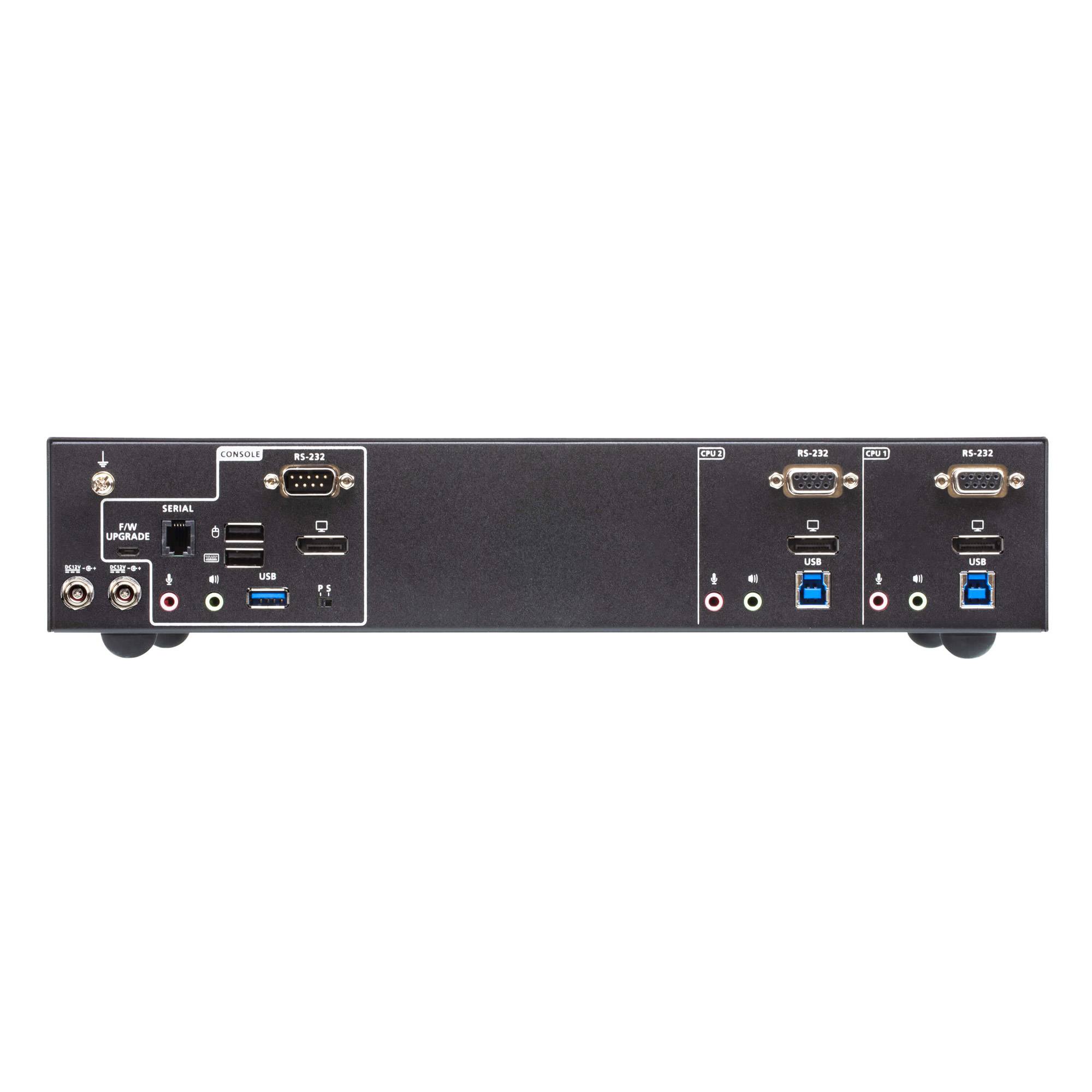 Rückansicht einer schwarzen elektronischen Steuereinheit mit mehreren Anschlüssen, einschließlich RS-232-Serienanschlüssen, USB-Anschlüssen und Strom-/Audiobuchsen.