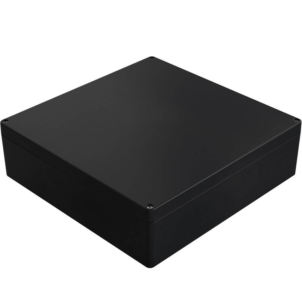 Eine schwarze rechteckige Gehäusebox mit glatter Oberfläche und abgerundeten Kanten, die häufig zur Unterbringung von elektronischen Komponenten oder Projekten verwendet wird.