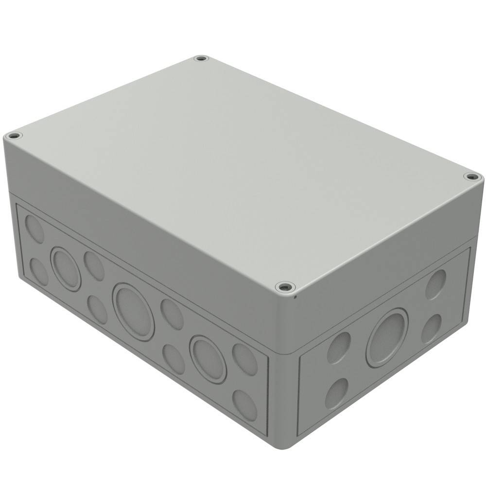 Ein rechteckiger, grauer elektrischer Anschlussdosenkasten mit mehreren kreisförmigen Durchbrüchen an den Seiten zum Einführen von Rohrleitungen oder Kabeln.