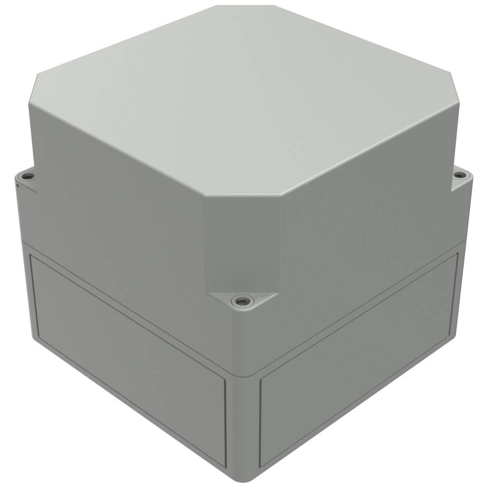 Ein graues, sechsseitiges Gehäuse mit sechseckiger Oberseite und Schraubenlöchern an jeder Ecke. Entwickelt zum Gehäuse von Elektrokomponenten.