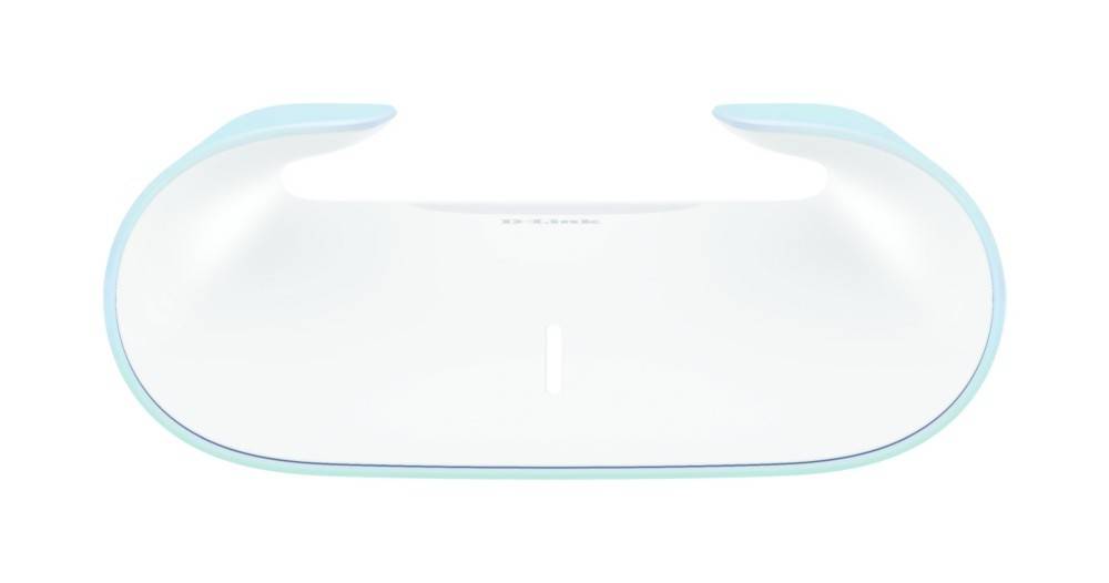 Ein weißer und hellblauer D-Link WLAN-Router mit modernem, geschwungenem Design, vorgesehen für Heimnetzwerk- oder Büronetzwerkverbindungen.