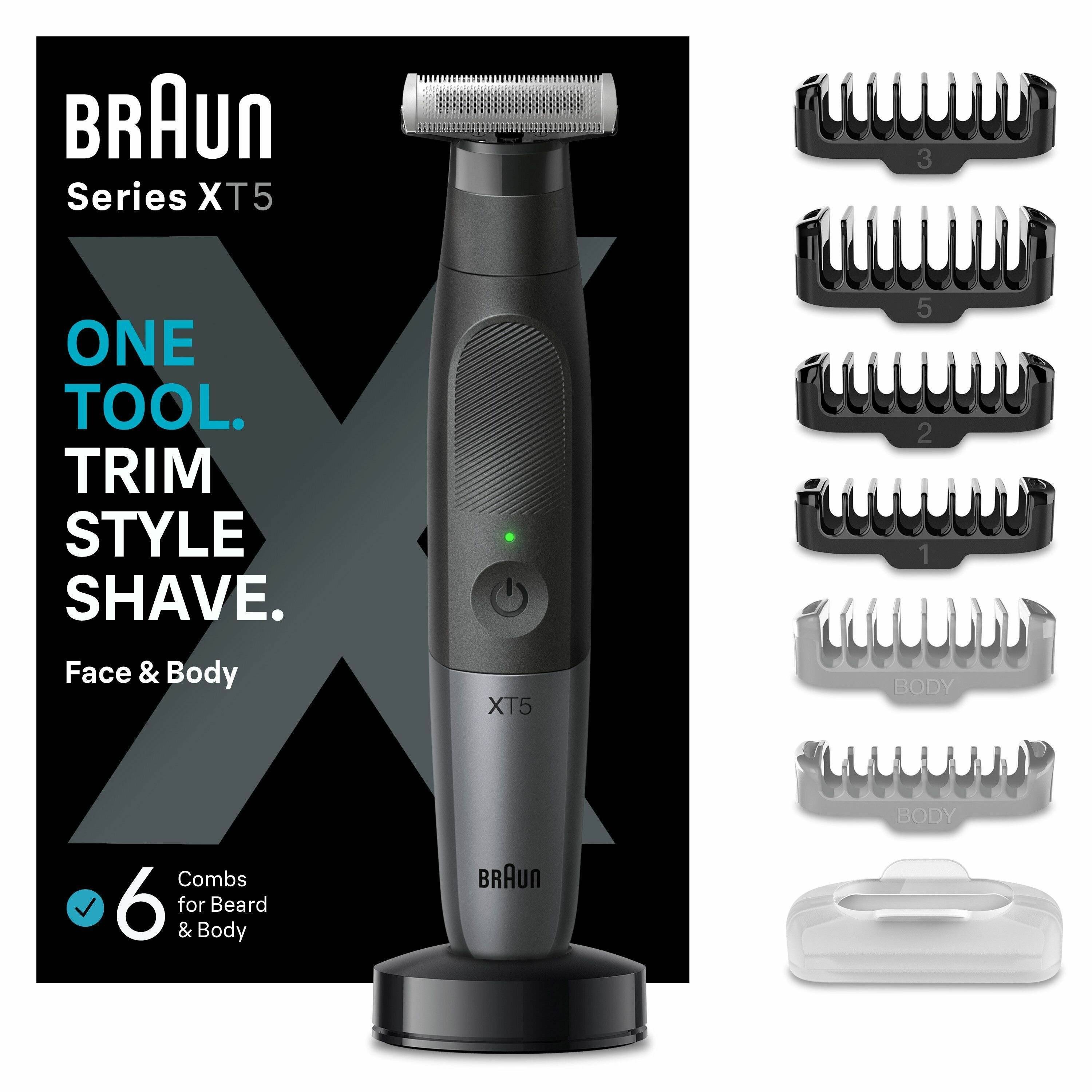 Braun Series XT5 Trimmer gezeigt mit sechs Kamm-Aufsätzen und Ladestation; Text liest sich wie folgt: „Ein Werkzeug. Trimmen, Stil, Rasur. Gesicht & Körper.
