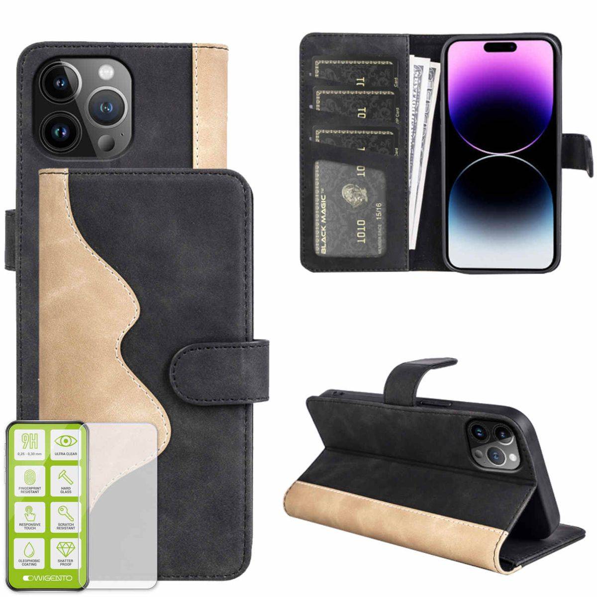 Für Apple iPhone 15 Pro Produktset Design Handy Tasche Wallet + H9 Hart Glas Schutz Hülle Case Cover Etuis Zubehör Schwarz