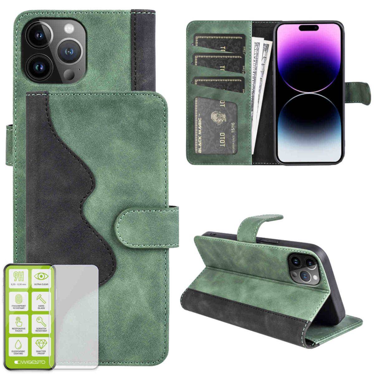Für Apple iPhone 15 Pro Max Produktset Design Handy Tasche Wallet + H9 Hart Glas Schutz Hülle Case Cover Etuis Zubehör Grün