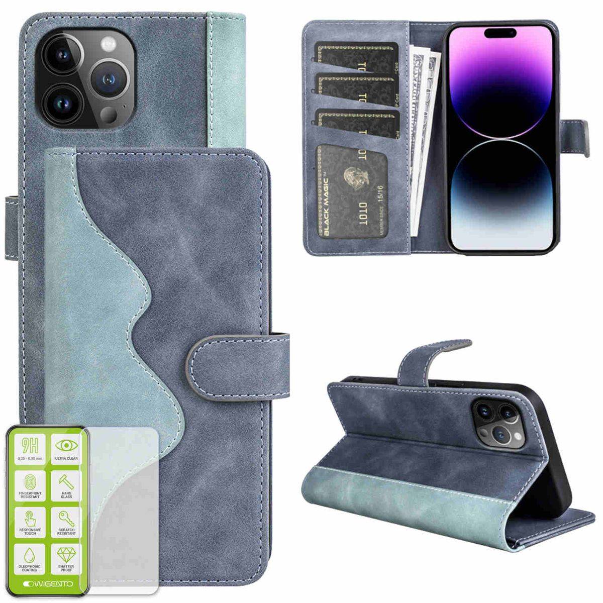 Für Apple iPhone 15 Pro Max Produktset Design Handy Tasche Wallet + H9 Hart Glas Schutz Hülle Case Cover Etuis Zubehör Blau