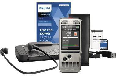 Philips SpeechAir tragbares Diktiergerät mit Ladestation, Kopfhörer, USB-Kabel, Verpackung und Speicherkarte, dargestellt als Produktbundle.