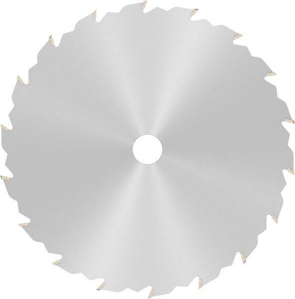 Eine Kreissägeblatt mit scharfen Zähnen entlang des Randes, verwendet zum Schneiden von Materialien wie Holz oder Metall. Das Blatt ist glänzend und metallfarbig.