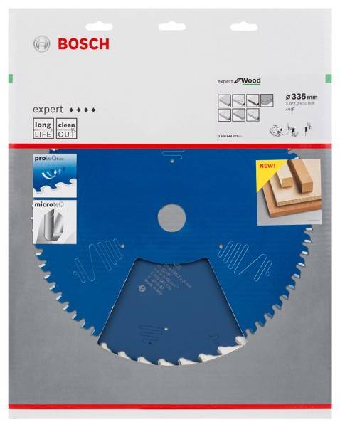 Eine blaue Bosch Kreissägeblatt, entwickelt zum Holzschneiden, mit Aufschriften 