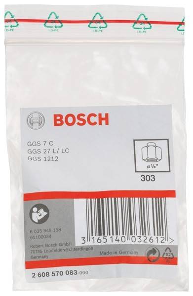 Eine Bosch-Produktetikette für die Modelle GGS 7 C, GGS 27 L/LC und GGS 1212. Enthält eine Grafik eines Sechskantmutters in der Größe 3/8''. Barcode darunter.