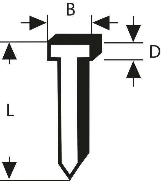 Diagramm eines T-förmigen Objekts mit beschrifteten Abmessungen: Breite (B), Gesamttiefe (D) und Länge (L). Pfeile zeigen die Messrichtungen an.