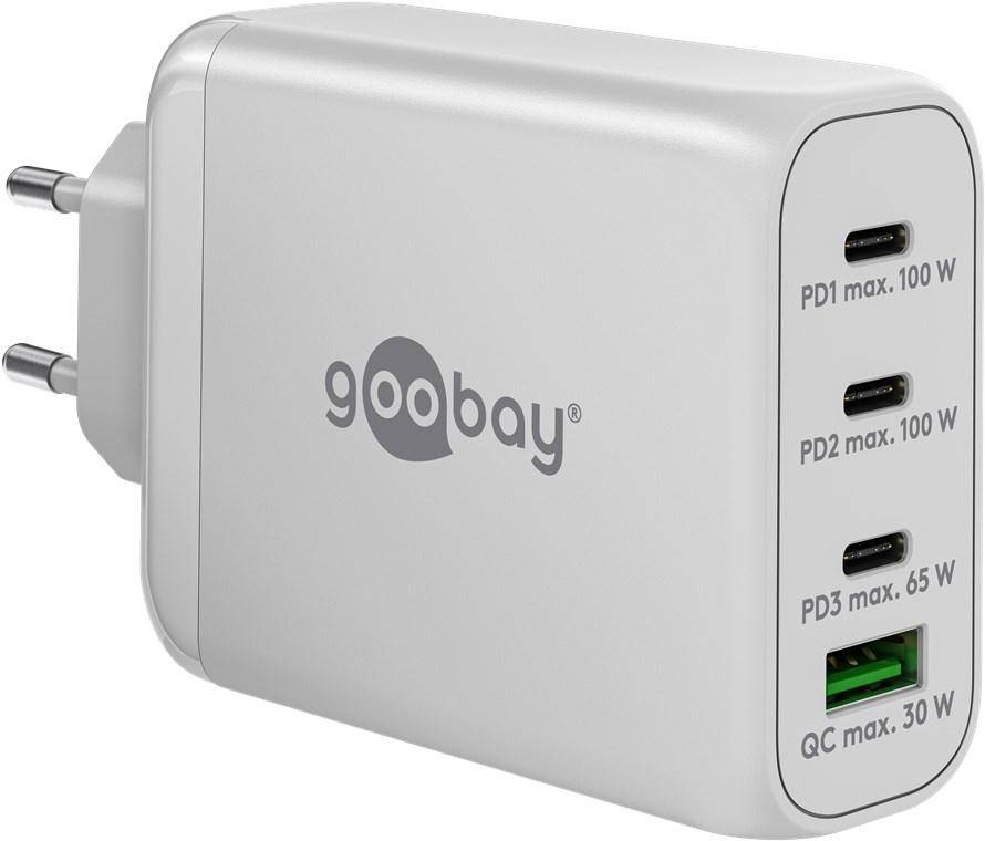 Goobay USB-C PD Multiport-Schnellladegerät, 3x USB-C + USB, 100W, weiß
