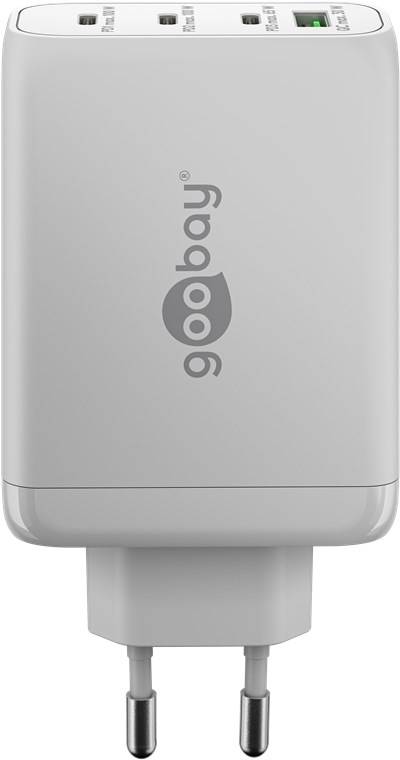 Weißer Goobay-Steckeradapter mit zwei runden europäischen Stiften und USB-Anschlüssen auf der Oberseite