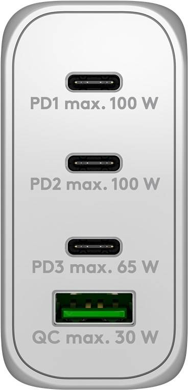 Wandladegerät Vorderseite mit vier Anschlüssen mit den Bezeichnungen „PD1 max. 100 W