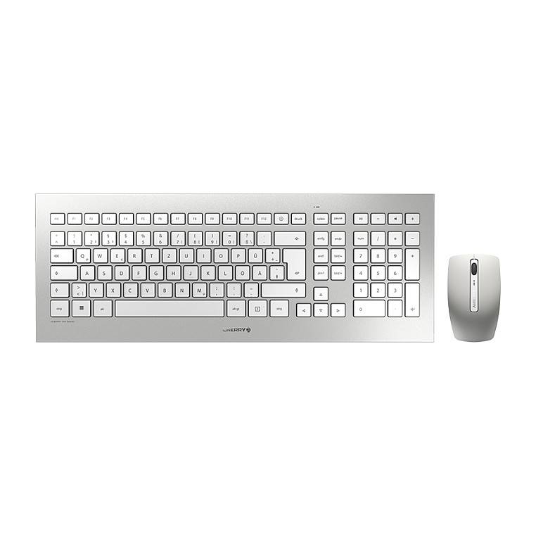 Ein elegantes, silbernes kabelloses Tastatur- und Mausset mit minimalističem Design, weißen Tasten und einer kompakten Maus, beide auf weißem Hintergrund.