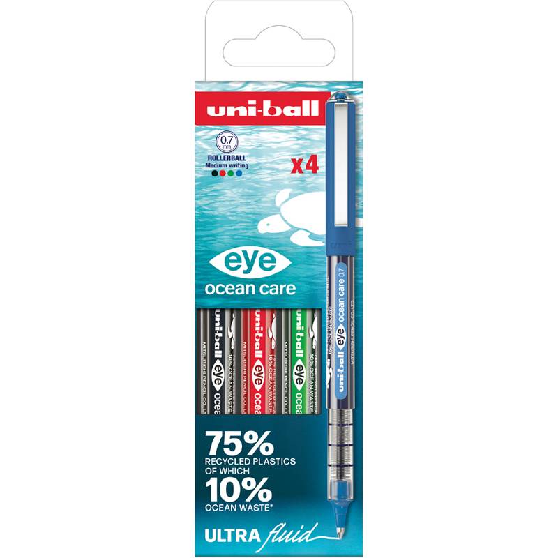 Packung Uni-ball Eye Ocean Care Rollerschreiber, 4er, mit 75% recyceltem Kunststoff und 10% Ozeanabfall auf dem Etikett.