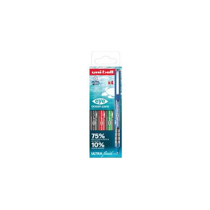 Uniball Eye Ocean Care 4er-Pack mit blauen, schwarzen, roten und grünen Gelstiften in Einzelhandelsverpackung mit 75% recyceltem Kunststoff und 10% recycelter Tinte.