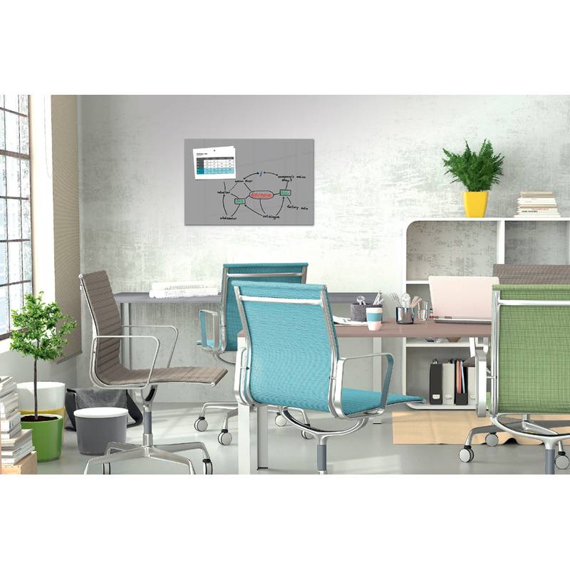 Büroumgebung mit einem modernen Schreibtisch und mehreren Stühlen, einige leer und einige besetzt. Eine an der Wand befestigte Tafel zeigt ein Flussdiagramm.