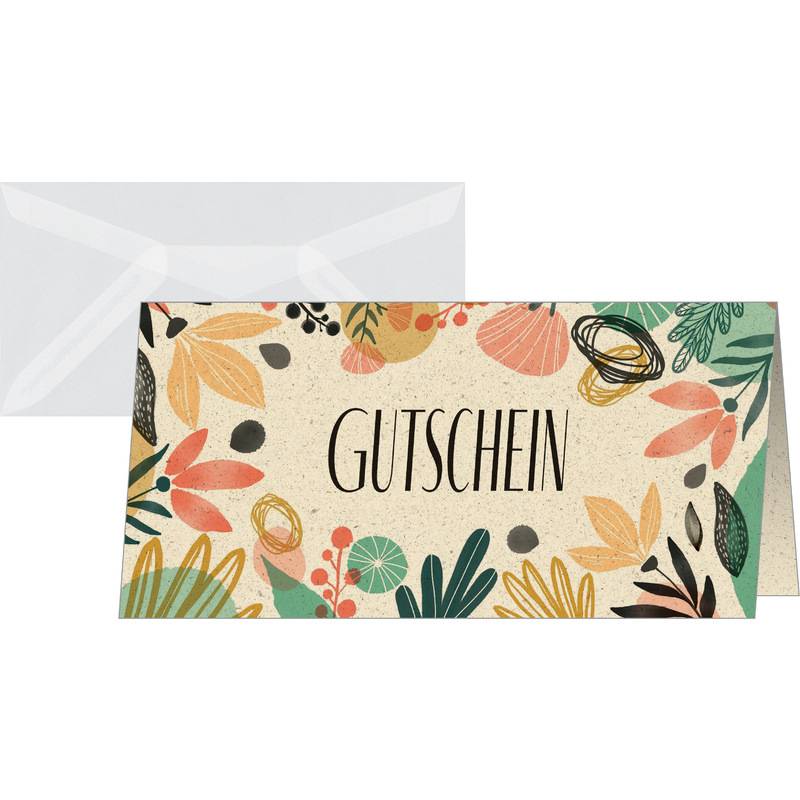 Gutscheinkarte mit buntem Blumendesign, die vor einem Umschlag platziert ist.