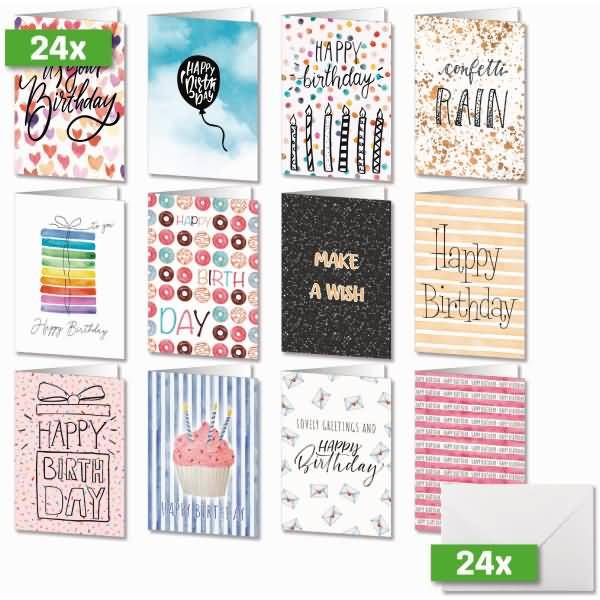 Geburtstags-Faltkarten-Set A6 (A5) Colourful Birthday Fun 250g 24+24 Stück