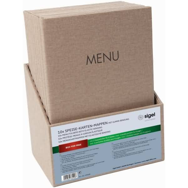 Braune Leinen-Menükarten-Set in einer Displaybox mit Bezeichnung „MENÜ