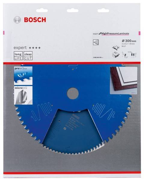 Eine Kreissägeblatt-Verpackung mit 'Bosch' Branding. Das Sägeblatt ist für die Bearbeitung von Hochdruck-Laminat, 300 mm im Durchmesser, mit microteQ- und ProteQtion-Beschichtung.
