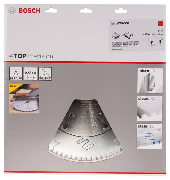 Bosch Kreissägeblatt-Verpackung mit 'Top Precision' für Holz, Durchmesser 350 mm. Hervorgehobene Merkmale: Präzision, Sauberkeit und Stabilität.