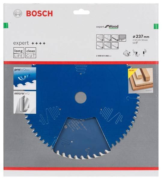 Bosch Kreissägeblatt für Holz, 237 mm Durchmesser, ausgestattet mit 'Long Life'- und 'Clean Cut'-Technologie. Enthält 'Proteq'- und 'Microteq'-Merkmale.