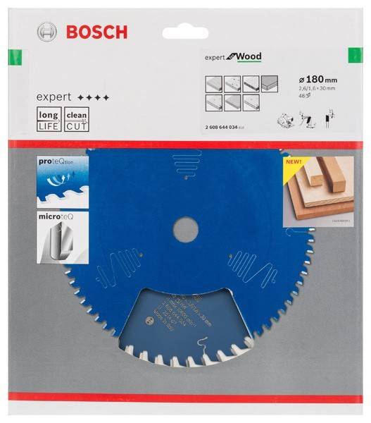 Verpackung eines Bosch Expert Holz-Kreissägeblatts, 180 mm, mit Eigenschaften für lange Lebensdauer und saubere Schnitte, geeignet zum Holzschneiden.