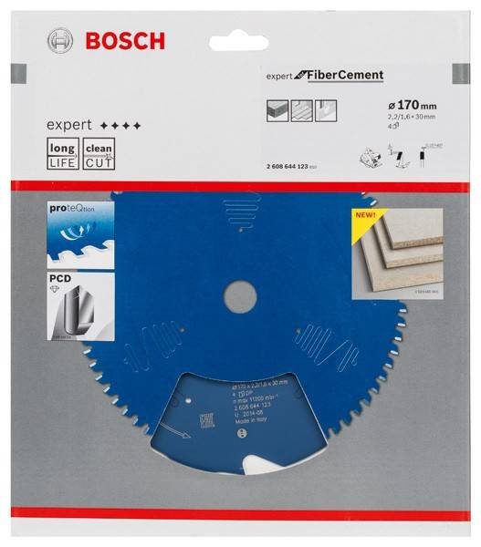 Eine Bosch-Sägeblatt zum Schneiden von Faserzement, in Verpackung gezeigt mit Symbolen, die Merkmale wie lange Lebensdauer, sauberen Schnitt und Haltbarkeit anzeigen.